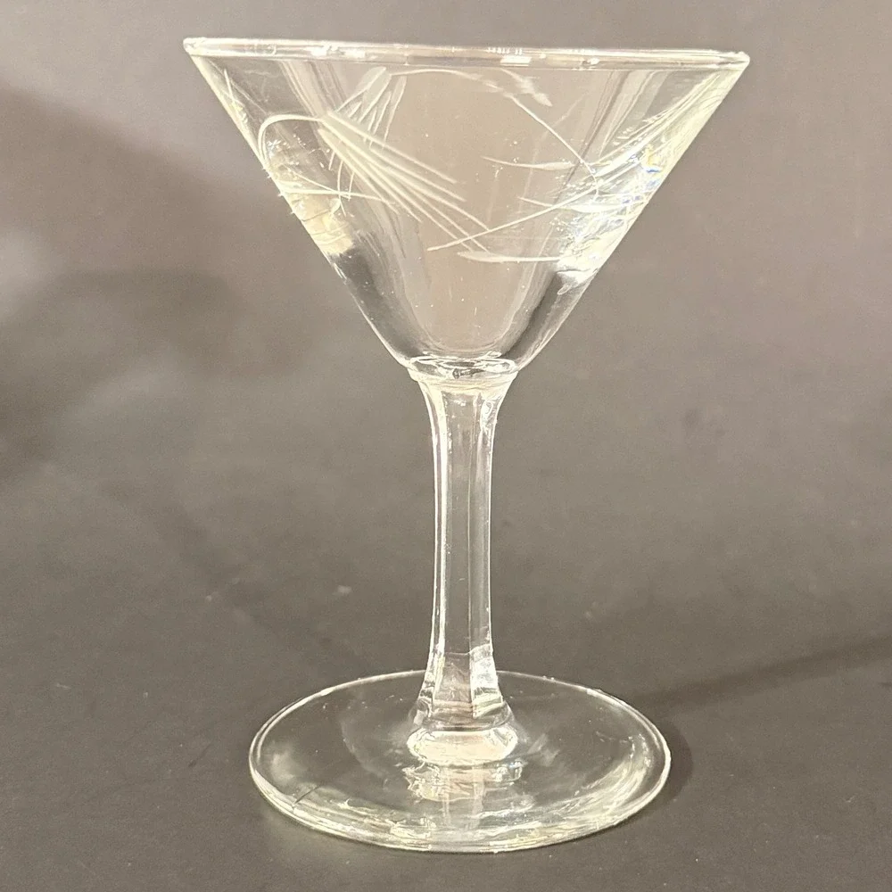 Vintage Etched Wheat Martini Cocktail Glasses Set of 5 Mid Century Clear Glass